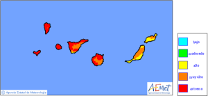 Waldbrand-Risiko-Karte der staatlichen Wetteragentur AEMET: Trotz Abkühlung bleibt die Gefahrenlage auf La Palma im extremen Bereich - nach wie vor ist äußerste Vorsicht beim ungang mit Feuer im Freien angesagt.
