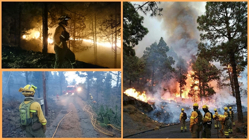 La Palma Feuerwehrleute und Löschtrupps Sie leisten nun schon seit zwei Tagen und Nächten unglaubliche Arbeit unter lebengefährlichen Bedingungen: Die Löschtrupps am Boden aus den verschiedensten Organisationen und dem Militär. Und noch ist kein Ende absehbar... Fotos: BRIF