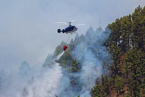 Waldbrand bei Mazo: Die Helis werfen seit heute morgen schon wieder Wasser ab. Foto: Frank Schlüter