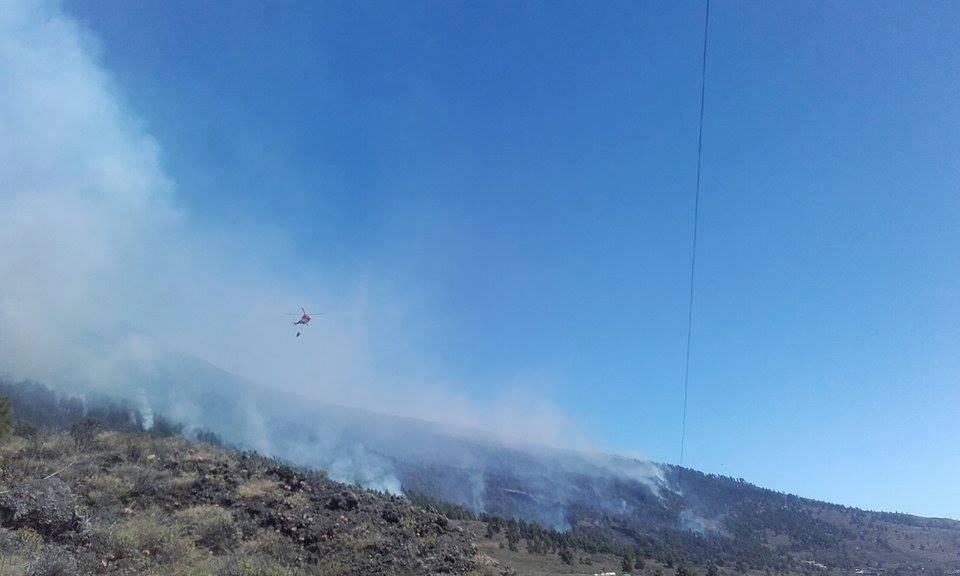 Waldbrand La Palma, Sonntag, 7. August 2016, gegen 13.30 Uhr: Das Feuer von Mazo mit Löschheli. Dank dem Livestream von TVLaPalma konnten wir einen Screenshot machen und hier plazieren.