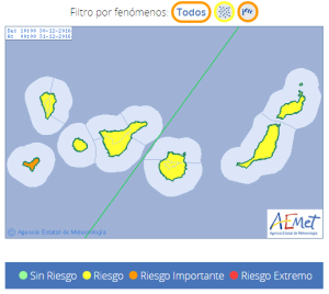 Warnstufe Gelb für Wind auf La Palma: beginnt am Freitagmorgen und dauert bis Samstagmorgen. Grafik: AEMET