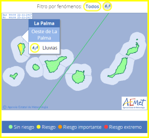 Gelbe Wetterwarnung im Westen und auf den Höhen von La Palma: Die AEMET-Grafik zeigt Gelb.