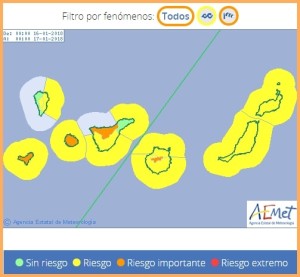 Wettervorhersage für Montag und Dienstag: Im Osten und Nordosten von La Palma Sturmböen und hohe Wellen, im Süden bis hinauf nach Puerto Naos heiter bis wolkig, ansonsten kann es überall regnen und in hohen Lagen vielleicht sogar schneien. Vorsicht bei Fahrten auf den Roque de Los Muchachos!