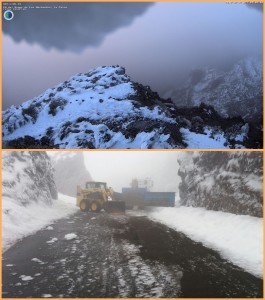 Blick in die Caldera am Mittwochmorgen (Foto oben): Es wird weiter schneien! Das Bild unten zeigt die Schneeräum-Fahrzeuge des Cabildo, die unermüdlich die Eisplatten von den Straßen kratzen.