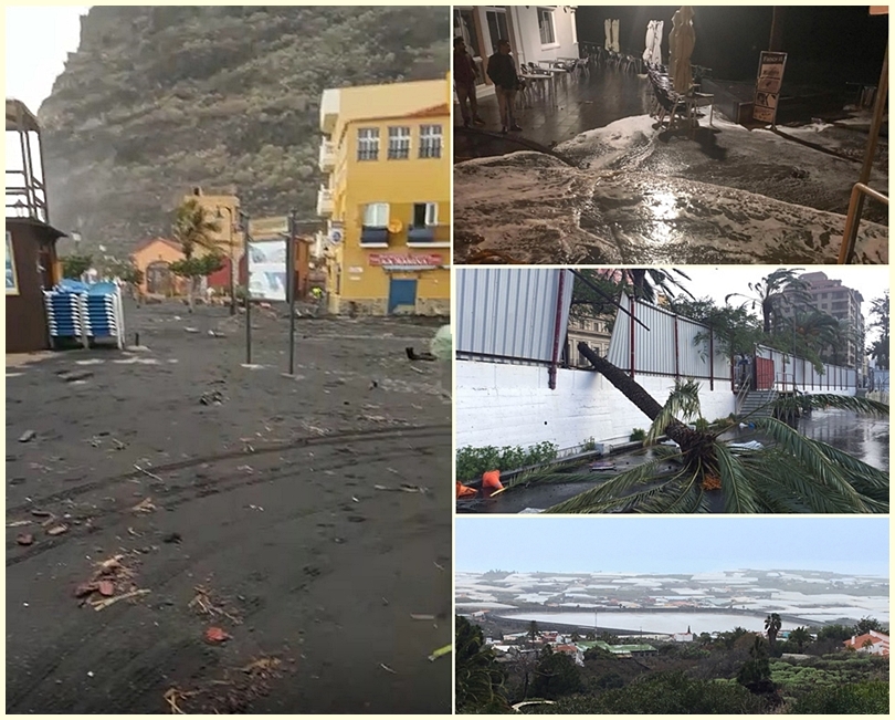 Tief Emma hinterlässt Schäden: Das Foto links zeigt die Avendia von Tazacorte voller Sand und Treibgut. Fotos rechts von oben nach unten: In Puerto Naos schwappt das Wasser auf Teile der Strandpromenade und hinterlässt allerhand Meeresgetier, in Santa Cruz stürzen Bäume um, aber Regen bringt auch Segen