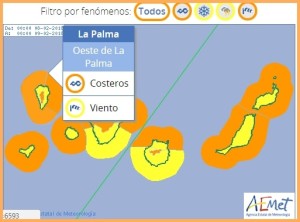 Wetterwarnungsgraphik der AEMET für Donnerstag, 8. Februar 2018: Alarm orange für Welle, Schnee und Sturmböen in den Höhenlagen.