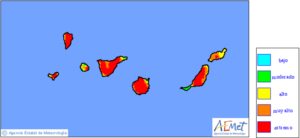 AEMET-Waldbrand-Risiko-Karte von Dienstag, 1. Juli 2014: Rot, also extreme Gefahrenstufe, für La Palma.