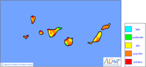 AEMET-Waldbrand-Risiko-Karte vom Mittwoch, 13. August 2014: immer mehr rote Gefahrenflecken auch auf La Palma.