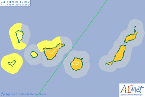 Die AEMET aktualisiert die Wetterkarte für Donnerstag, 20. November, immer wieder. Die aktuellste Version zeigt, dass die Schlechtwetterfront an La Palma vorbei und nun Richtung Teneriffa gewandert ist. Grafik: AEMET