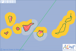 Am Freitagmorgen aktualisierte Vorhersage: Alarm orange für Wind und Welle wurde wegen Sturmböen von bis zu 130 Sachen in den Höhenlagen von La Palma und im Osten auf rot erhöht. Grafik: AEMET