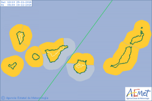 Seit Samstagmittag gilt Alarmstufe orange für Wind und Welle. Damit ist das Schlimmste vorbei. Grafik: AEMET