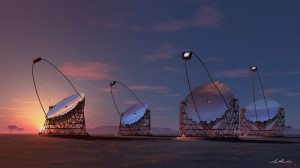 Die neue Generation der Cherenkov-Teleskope (künstlerische Darstellung): Einer der gigantischen LST-Gammastrahlen-Detektive kommt auf den Roque de los Muchachos auf La Palma. Pressefoto CTA-Konsortium/IAC