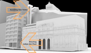 Modell der künftigen Nutzung des Postgebäudes: Ein Außenlift verbindet die Plaza de La Constitución mit dem Stadtteil San Telmo. Grafik: Stadt
