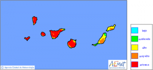 Walsbrand-Risiko-Karte für Freitag, 10. Juli 2015: weiterhin extremes Risiko auf den westlichen Kanareninseln. Grafik: AEMEt