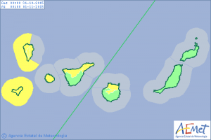 Voraussage für Samstag, 31. Oktober 2015: Alarm Gelb für starke Regenfälle und hohe Wellen vor allem im Westen von La Palma und auf den Höhenlagen.