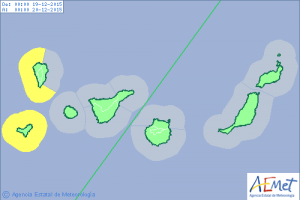 Gelber Alarm wegen sogenannter Küstenphänomene am Samstag, 19. Dezember 2015, im Westen und Süden von La Palma. Graphik: AEMET