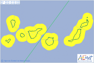 Wetter am Freitag: Alarmstufe Gelb für Wind und Welle auf den Kanaren und La Palma. Grafik: AEMET