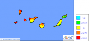 AEMET-Waldbrand-Risikokarte vom Montag, 27. Juni 2016: Auf La Palma immer noch extrem.