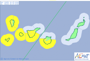 Die AEMET-Grafik zeigt´s: Alarm Gelb wegen Wind und Welle auch auf La Palma.