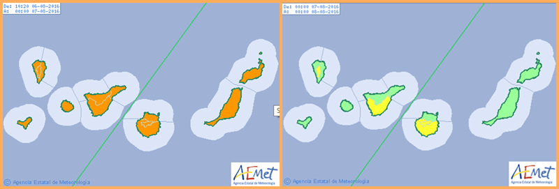 Heute, Samstag, 6. August, ist der schlimmste Tag: Hitzealarm auf allen Kanareninseln. Zum Glück zeigt die Karte der staatlichen Wetteragentur AEMET für den morgigen Sonntag ein erfreulicheres Bild: Die Temperaturen gehen zurück, bleiben aber ausgerechnet im Brandgebiet im gelben Bereich.