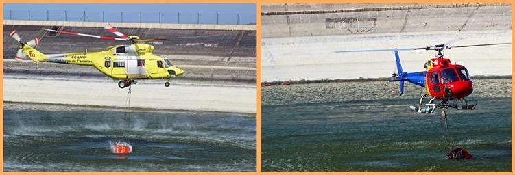 Es geht Schlag auf Schlag: Die Helikopter tanken im Wasserreservoir Dos Pinos ihre Löschsäcke nach. Das Cabildo hofft, dass mit der Unterstützung weiterer Flugzeuge und noch mehr Bodentruppen