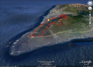 Karte der Educación Forestal: zeigt die Ausmaße des Waldbrandes und den Vormarsch des Feuers Richtung Osten.