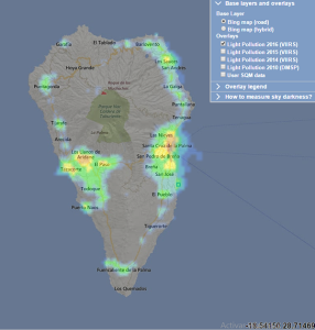 Light Pollution-Website: zeigt auch die Lichtverschmutzung auf La Palma, die eigentlich keine ist.