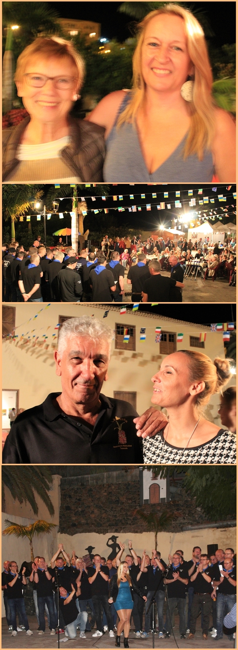 Herbstmesse Tazacorte 2016 (Fotos von oben nach unten): Banana-Präsidentin Gaby mit Shantallica-Organisatorin Ulla. Banana-Mitgründer Ángel mit Kulturrätin Betina. Auftritt Shantallica-Chor. Fotos: La Palma 24