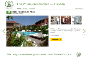 Screenshot des TripAdvisor-Votings: Platz 12 für die Hacienda de Abajo in Tazacorte auf La Palma unter den besten Hotels Spaniens.