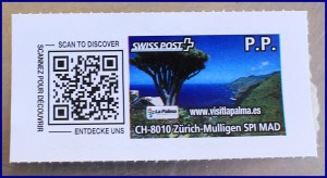 Swiss Post-Prepaid Sticker: unterscheidet sich deutlich von den Correos-Briefmarken. Sogar das Inseltourismusamt von La Palma wirbt hier für seine Internetseite. Foto: La Palma 24