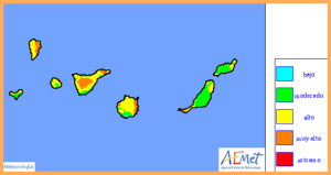 Waldbrandrisiko-Karte der staatlichen Wetteragentur AEMET: Am Donnerstag, 13. Juli 2017, liegt La Palma im gelb-orangenen Bereich.