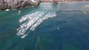 Triathlon am vergangenen Samstag in Puerto Naos: Trotz Mikro-Algen-Ansammlungen stürzten sich die Schwimmer in die Fluten. Foto aus Veranstalterfilm - mehr auf der Triathlon-Puerto-Naos-Facebook-Seite.