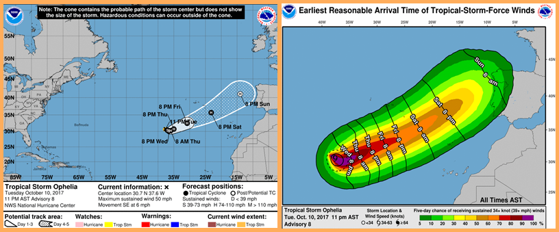 Verlauf des Tropensturms Ophelia: zieht an den Kanaren vorbei. Grafiken: AEMET