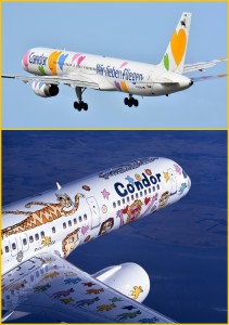 Zu ihrem vierzigsten Geburtstag gönnte sich die Condor ein besonders großes Geschenk. Sie ließ die Boeing 757-200 mit dem Kennzeichen D-ABNF von dem amerikanischen Pop-Art-Künstler James Rizzi in ein fliegendes Kunstwerk verwandeln Condor Boeing 757-230, ca. 1996 Air to Air