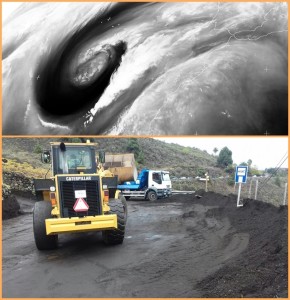 Das dicke Tief über dem Atlantik traf La Palma nicht so schlimm wie erwartet: Allerdings wurden wieder einige Straßen überschwemmt, die Einsatzkräfte des Cabildo sofort räumten. Fotos: Asociación Canaria de Meterología/Jorge González Cabrera