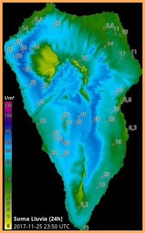 Niederschlagsmengen am Samstag, 25. November 2017, auf La Palma: Grafik erstellt von HDmeteo La Palma.