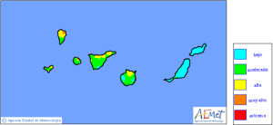 Waldbrand-Risikokarte der AEMET: Die Hälfte von La Palma liegt immer noch im gelben, also hohen Gefahrenbereich.