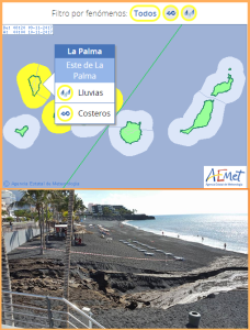 Die staatliche Wetteragentur AEMET warnt mit gelb vor weiteren Niederschlägen und hohen Wellen: Doch es gibt immer wieder Zonen, wo die Sonne durchkommt wie am Strand von Puerto Naos, wo der Regen der vergangenen Tage einen tiefen Graben in den Sand gewaschen hat. Foto: Thomas Papst