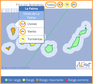 Vorwarnstufe Orange für ganz La Palma: Starkregen und Wind sind angesagt. Grafik: AEMET