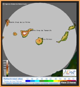 Bisherige Erfassung der Inseln durch das Wetter-Radar auf Gran Canaria: Man sieht deutlich, dass der Nordwesten von La Palma und der Westen von El Hierro nicht erfasst werden. Das soll sich durch die künftige Station auf Teneriffa ändern. Grafik: AEMET