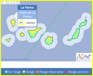 Wetterwarnung: Alarm Gelb am Montag für starken Wind mit Sturmböen aus Nordwest und Nord. Am Dienstag kommt hohe Brandung durch Wind auf dem Meer dazu. Grafik: AEMET