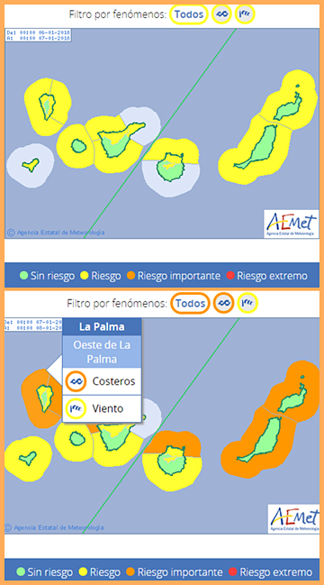 Alarm gelb am Samstag für Wind und Welle. Am Sonntag rollen noch größere Brecher an und die Vorwarnstufe steigt auf orange. Grafik: AEMET