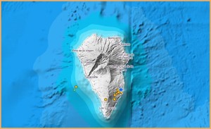 Es rumort wieder tief im Untergrund der Isla Bonita: Seit Samstag ereigneten sich mehrere Schwarmbeben vom Osten über den Süden bis hinauf in den Westen. Grafik: IGN