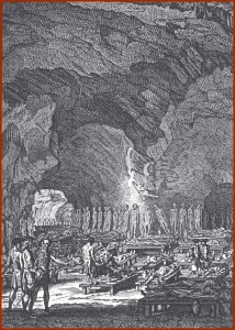 Die verschollene Höhle der 1.000 Mumien:Begräbnishöhle der Guanchen aus „Allgemeine Historie der Reisen zu Wasser und zu Lande oder Sammlung aller Reisebeschreibungen“ Bd. 2 / Teil IV, Leipzig 1748. Nachempfundene Gravur von C. de Putter auf der Basis der Schilderungen eines englischen Arztes - wiki