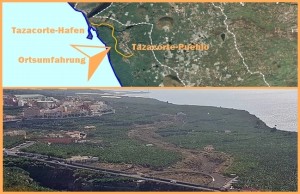 Die Ortsumfahrung von Tazacorte: Modell der Kanarenregierung (oben) und die seit 2012 brachliegende begonnene Baustelle (Foto unten).