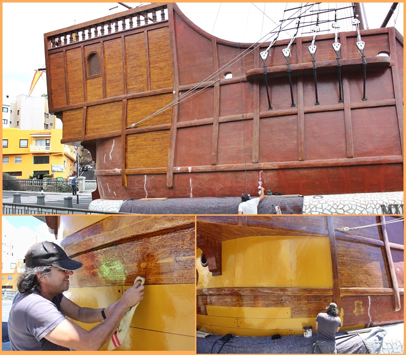 Die Santa Maria bekommt ein neues Kleid. Seit der vergangenen Woche kann man auf der Plaza Alameda in Santa Cruz beobachten, wie der Nachbau des Schiffes renoviert wird, mit dem Christoph Kolumbus 1492 auf den Kanaren über den großen Teich in Richtung Amerika gestartet ist. Die Barco de la Virgen wurde zur Bajada 1940 auf dem Platz im Norden der Hauptstadt von La Palma errichtet, und in ihrem Inneren birgt sie das Museo Naval. Über diesen Link kann man einen Blick in den Bauch der Santa Maria und die Schätze des Schifffahrtsmuseums werfen. http://museonavallapalma.es/