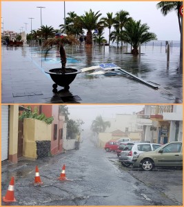 Regen auf La Palma: Bäche in den Straßen und eine leergefegte Strandpromenade in Puerto Naos. Fotos: Thomas Pabst