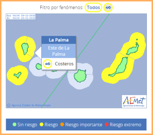 Auch am Montag: Alarm Gelb für hohe Wellen rings um La Palma. Grafik: AEMET